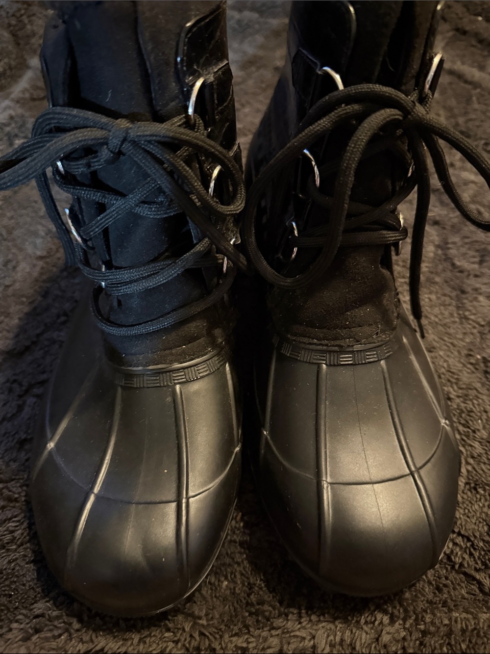 New! JustFab Black Lace-Up Duck Boots